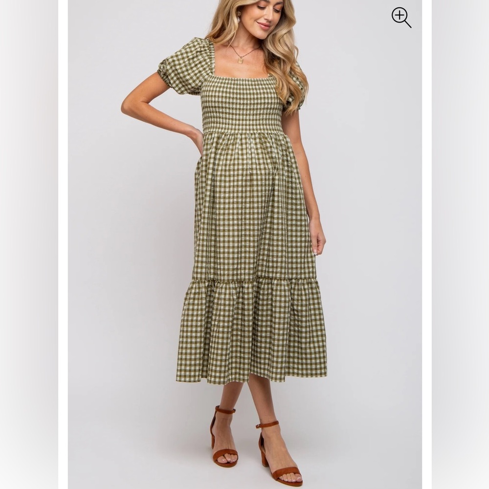 Olive Gingham smocked Midi Dress